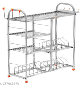 Stainless steel 4-shelf kitchen utensils rack with plate and cutlery stand, 24x24 inches, lower 3-plate design